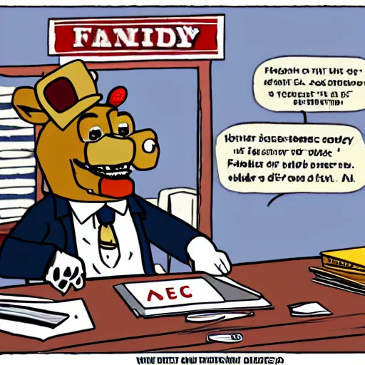 Image similar to Freddy Fazbear running for president, sitting at the presidents desk