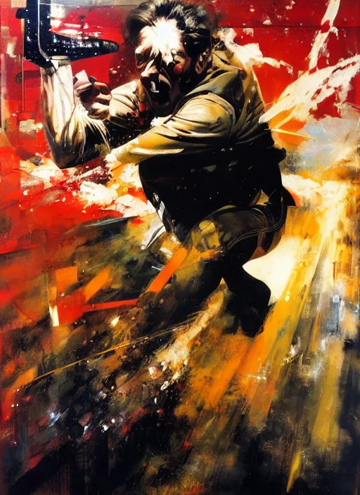 Image similar to 'howard hamlin'!! getting shot, head exploding, painting by phil hale, 'action lines'!!!, graphic style, visible brushstrokes, motion blur, blurry