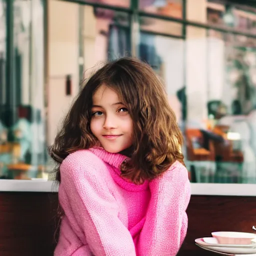 Image similar to cute girl in a pink sweater with a teddy bear sits in a cafe photo, medium shot, 8 5 mm