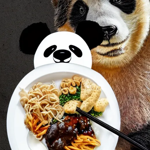 Prompt: a photo of a panda eating panda express