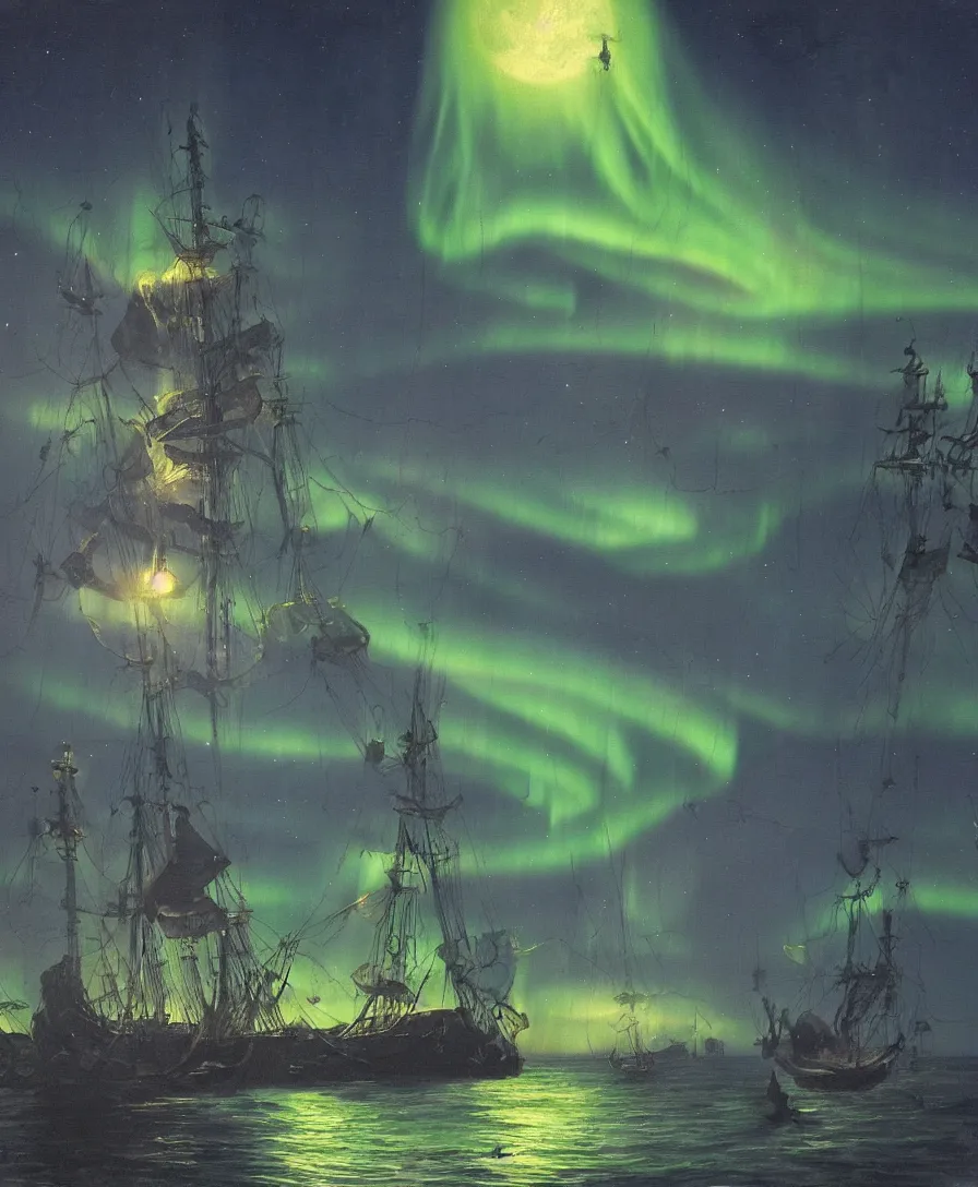 Prompt: an eerie painting of pirate ships surrounded by spectral spirits, aurora borealis, night time, moon reflection on the water, high res