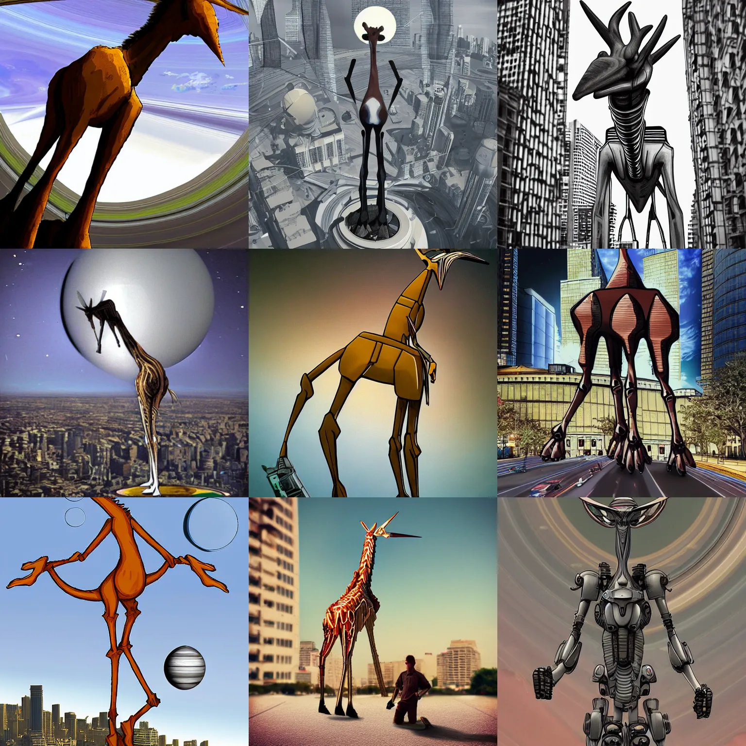 Prompt: Mech giraff on saturn in a city with human, hyper realistic