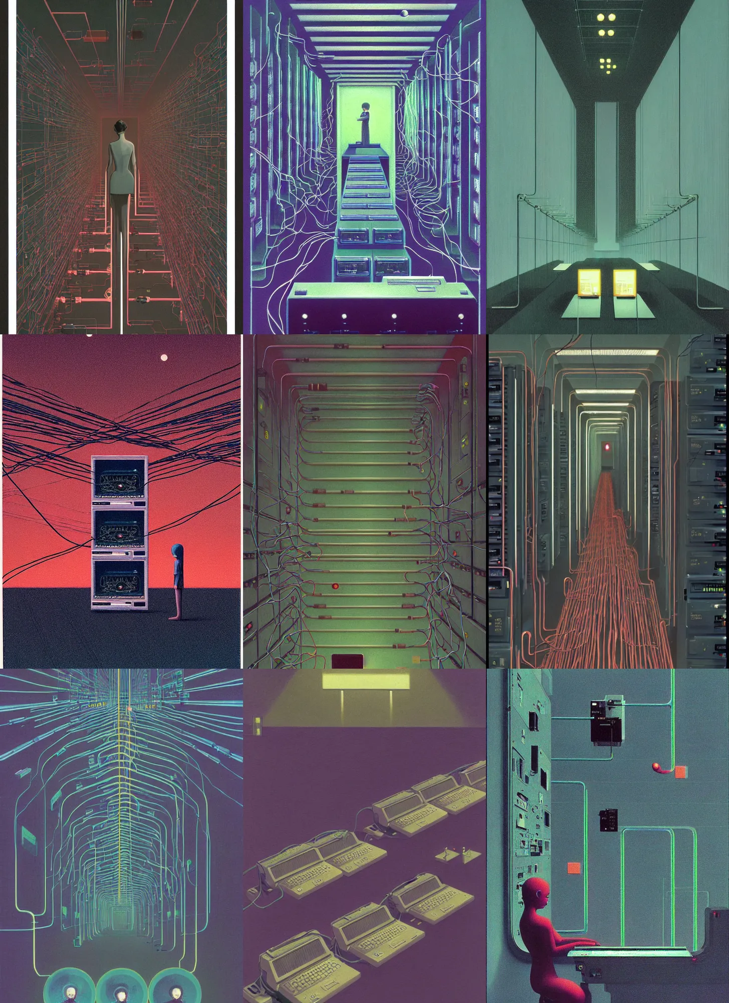 Prompt: Mainframes connected by neuronal wires cluster in lilting colonies atop a three and a quater inch floppy disk that stretches into the distnace Edward Hopper and James Gilleard, Zdzislaw Beksinski, Mark Ryden, Wolfgang Lettl highly detailed, hints of Yayoi Kasuma