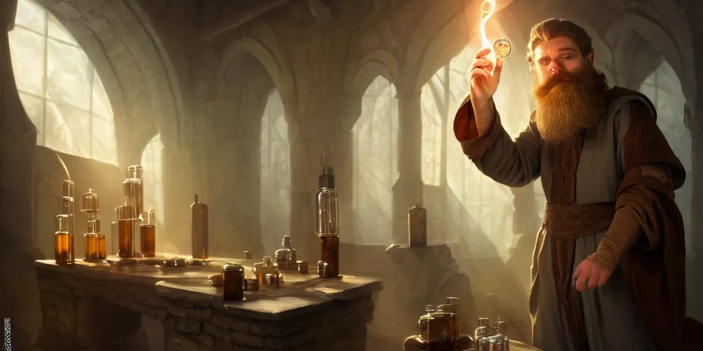 Prompt: a handsome bearded caucasian male sorcerer with brown hair he is casting a spell with flowing energy, he is in a alchemist lab filled with beakers and equipment, neutral pose, epic composition, 4 k, light rays, by dave melvin 3. 0 | dan luvisi 1. 0 | greg rutkowski 2. 5