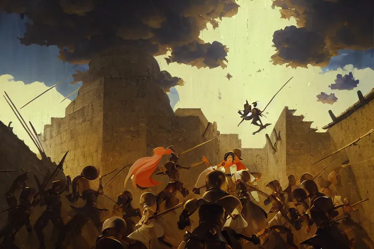 Image similar to baroque oil painting of key visual environment concept art of anime maids fighting a crusade in jerusalem, brutalist, dark fantasy, rule of thirds golden ratio, fake detail, trending pixiv fanbox, acrylic palette knife, style of makoto shinkai studio ghibli genshin impact jamie wyeth james gilleard greg rutkowski chiho aoshima