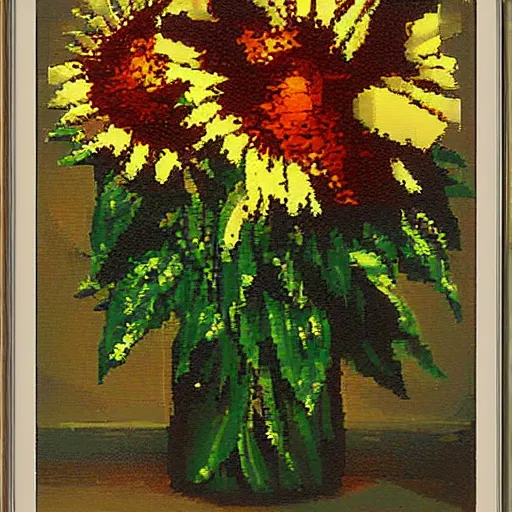 Image similar to a 8bit screen showcasing a photo of flowers, covered in oil painting, by phil hale