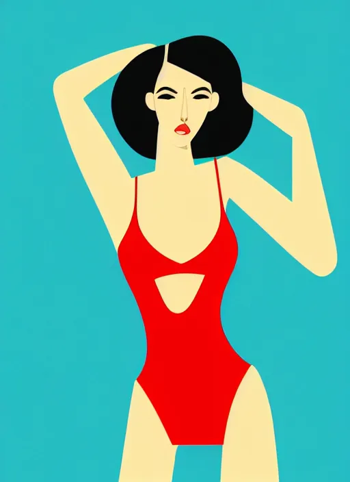 Image similar to portrait of a girl, in retro swimsuit, lying by the pool, minimalist illustration, flat colors, contrasting shadows art by anri matiss