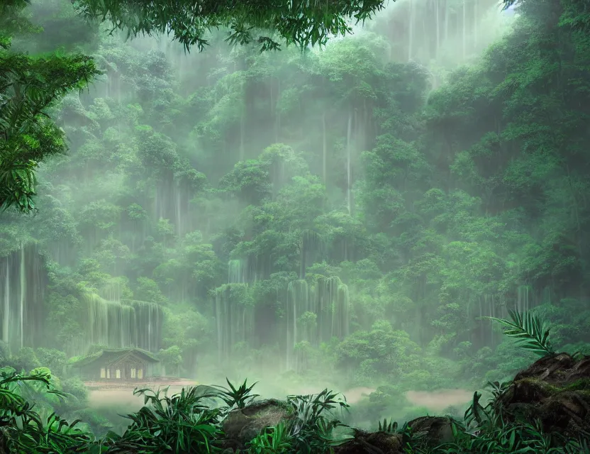 Image similar to a cinematic widescreen photo of ancient japanese temples in a misty bamboo cloud forest with waterfalls at dawn by studio ghibli by roger dean, photorealistic, 7 0 mm