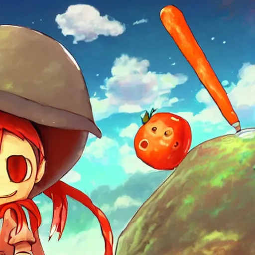 Image similar to cute robot with big tomato hat and a carrot sword, made in abyss style