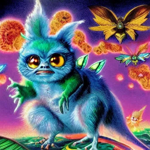 Image similar to gremlins vs mothra art by Noriyoshi Ohrai and Lisa Frank