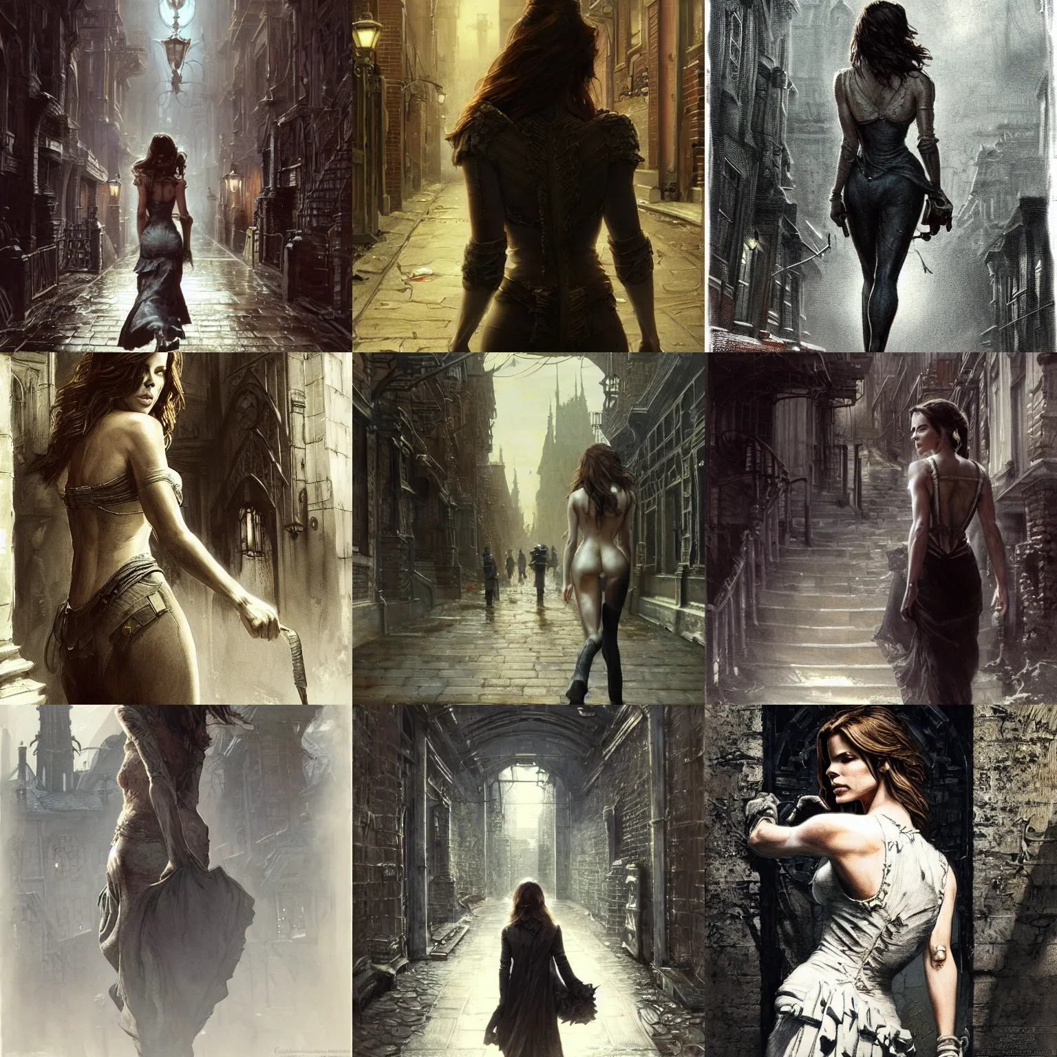 Prompt: back view of kate beckinsale as investigiator walking down street in arkham town, female, detailed face, gorgeous, amazing, new england architecture, 1 9 2 0 style, intricate, highly detailed, musculine, lovecraft illustration, painting by gaston bussiere, craig mullins