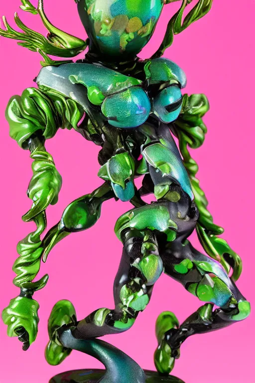 Prompt: a fat jelly super detailed anime figurine with fluo color detail, and muted arm colors, that looks like a insect, on top of a painting of plastic synthetic ionized metal flower sculptures