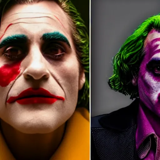 Prompt: detailed 4 k photorealistic lady gaga and joaquin phoenix footage in next joker movie in the style of nick ut and eddie adams and margaret bourke and yousuf karshs and alfred eisenstaedt