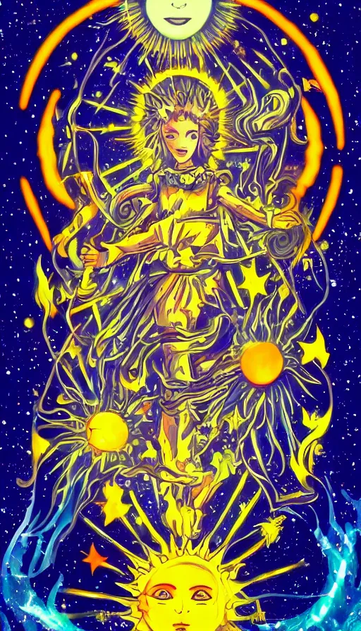 Image similar to the sun, art, anime, bright light, positive vibes based on the Tarot card The Sun