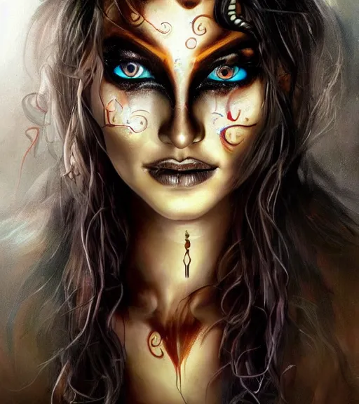 Prompt: a higly detailed airbrush full body shot and face portrait painting of a stunning female sorceress with piercing eyes beautiful eyes, dynamic lighting, ambient lighting, deviantart, art by simon bisley