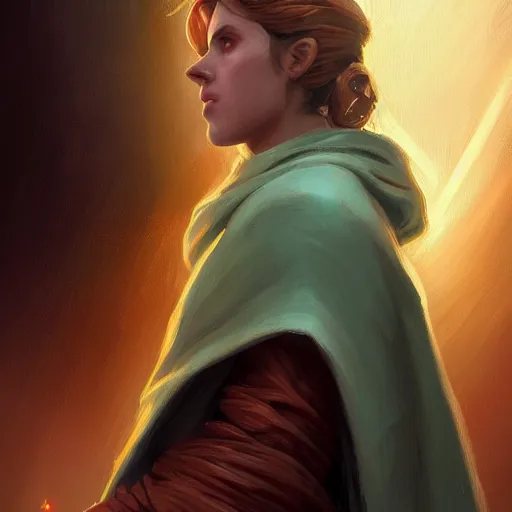 Image similar to portrait of a woman by greg rutkowski, jedi knight jade skywalker, wavy copper hair, jedi robes, star wars expanded universe, she is about 2 0 years old, wearing jedi robes, highly detailed portrait, digital painting, artstation, concept art, smooth, sharp foccus ilustration, artstation hq