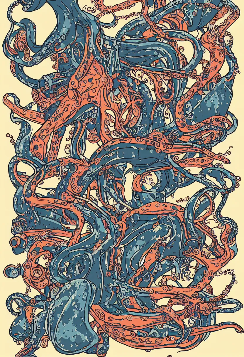 Image similar to concert poster for band named 'Grandpa Finger', robotic octopus, vector art, sticker design, 8k, highly detailed