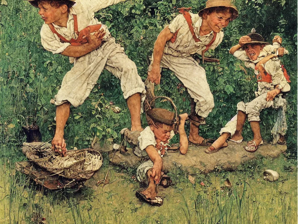 Prompt: the adventures of tom sawyer and huckleberry finn, illustrated by norman rockwell, playful, naturalistic, simple life, mississippi, colorful, landscape