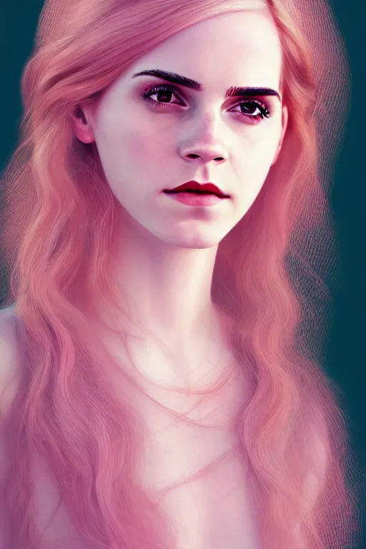 Image similar to Portrait of a beautiful pale skin Nordic female Emma Watson with long pink hair, elegant, photorealistic, highly detailed, artstation, smooth, sharp focus, gold ornaments, neon lighting, sci-fi, art by Klimt.