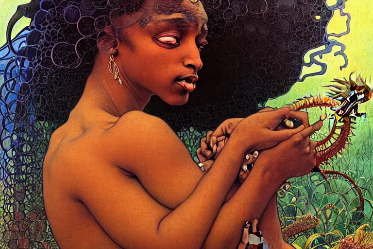 Prompt: realistic extremely detailed closeup portrait painting of a beautiful black woman, mutant dragon and a single old house on background by Jean Delville, Amano, Yves Tanguy, Ilya Repin, Alphonse Mucha, Ernst Haeckel, Edward Robert Hughes, Roger Dean, heavy metal 1981, rich moody colours