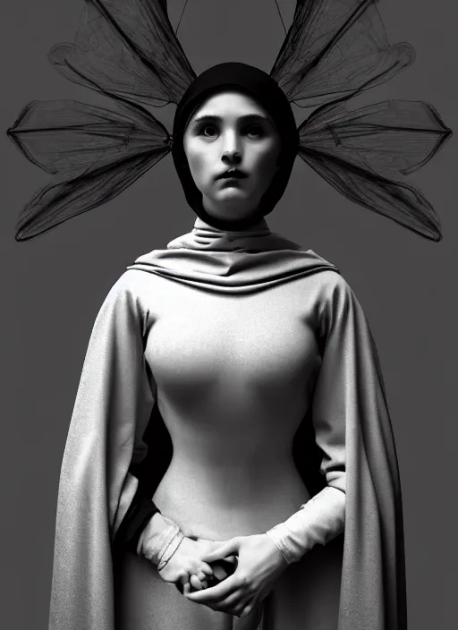 Image similar to surreal mythical dreamy dark artistic black and white fine art fashion portrait photo of a young beautiful delicate female robot - nun praying, spiritual, halo, glory, rim light, cinematic, studio dramatic light, poetic, masterpiece, octane render, 8 k, photo - realistic by gustave dore william bouguereau