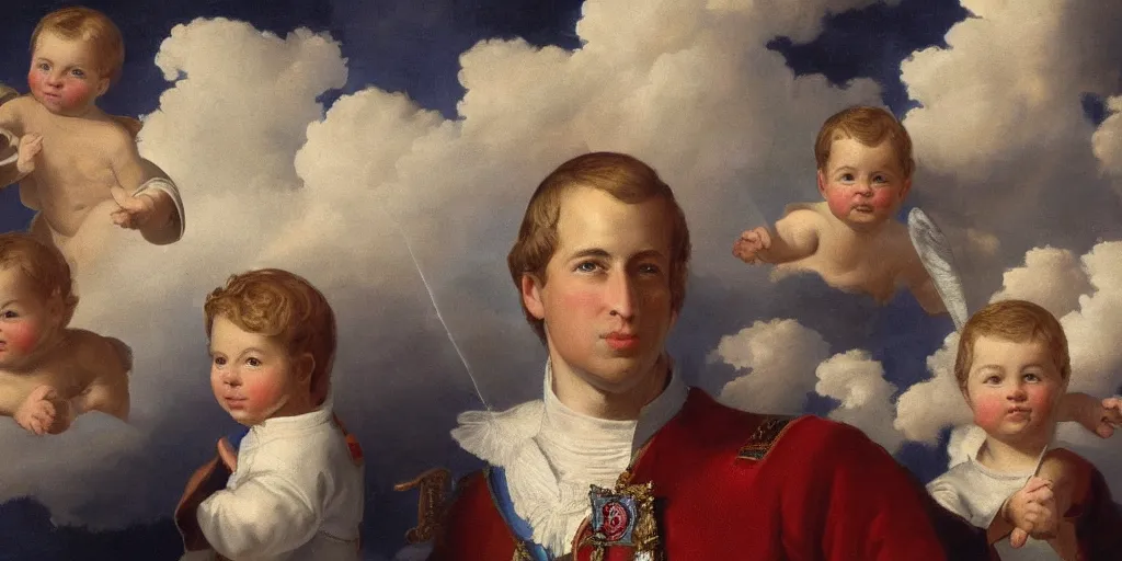 Image similar to painting of prince william, duke of cambridge with heavenly angels surrounding him with heavenly clouds in the background