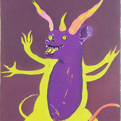 Image similar to painting by francis bacon, highly detailed, purple ancient furry antler deity, yellow rat pig, holding a red orchid, laughing, brightly lit pink room