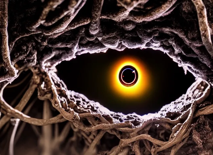 Image similar to photo of an eyeball in a cavern wrapped in roots underground. Fantasy magic style. Highly detailed 8k. Intricate. Nikon d850 55mm. Award winning photography.