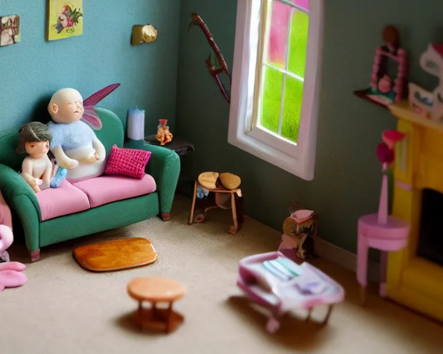 Prompt: giant baby in a small fairy living room tilt shift