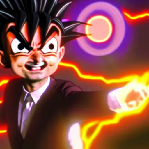 Image similar to mr. bean as goku from dragonball z. movie still. cinematic lighting.