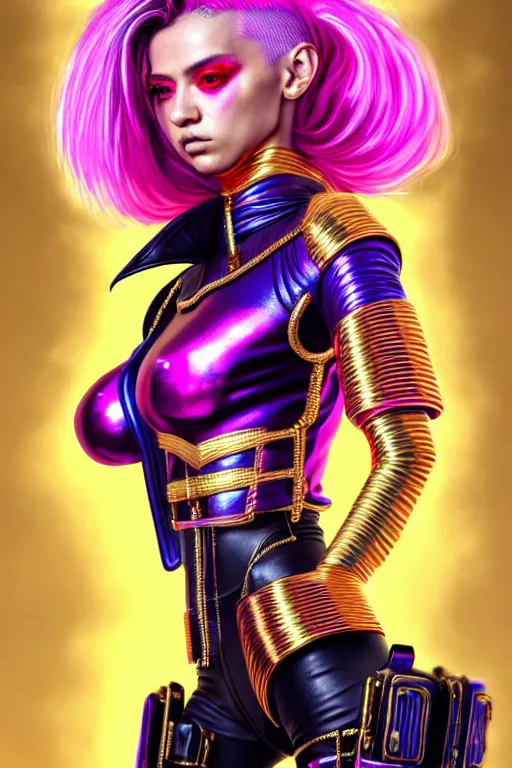Prompt: hyperdetailed portrait of a stunningly beautiful european girl androgynous guard made of iridescent metals shiny pink gems, bright rainbow gold cyberpunk nimbus, inspired by ross tran and wlop and masamune shirow and kuvshinov, concept art, intricate, photorealistic, octane render, rtx, hdr, unreal engine, dnd digital art by artgerm