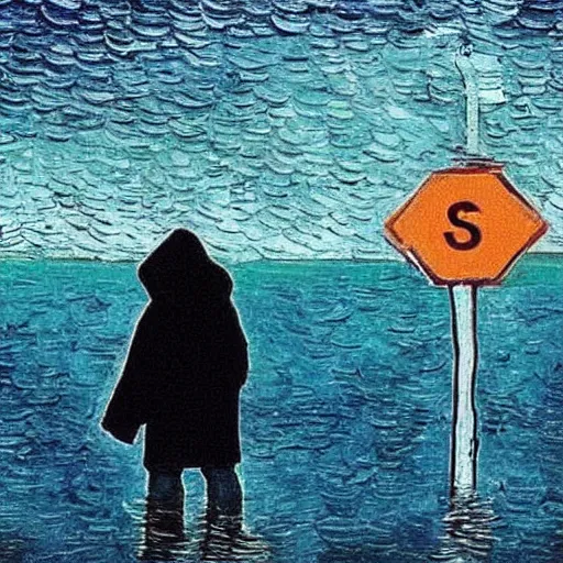 Prompt: guy with black hoodie is chained to a stop traffic sign pole under water. under the sea. trying to get free. van gogh style