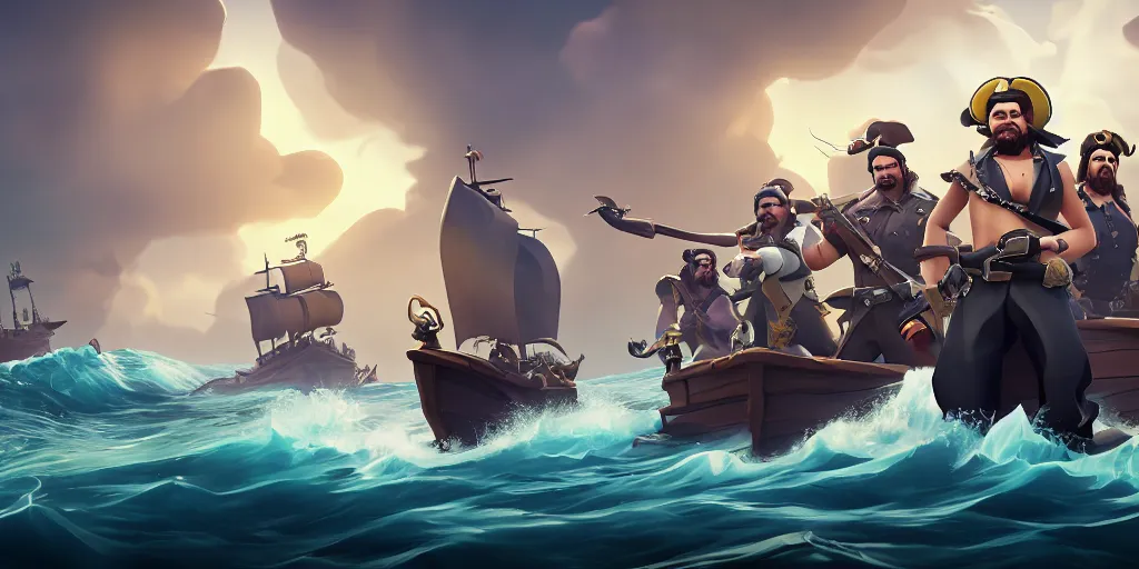 Image similar to portrait of sea of thieves characters, realism, sharp, sea of thieves screenshot, storm, unreal engine, digital art, kraken monster