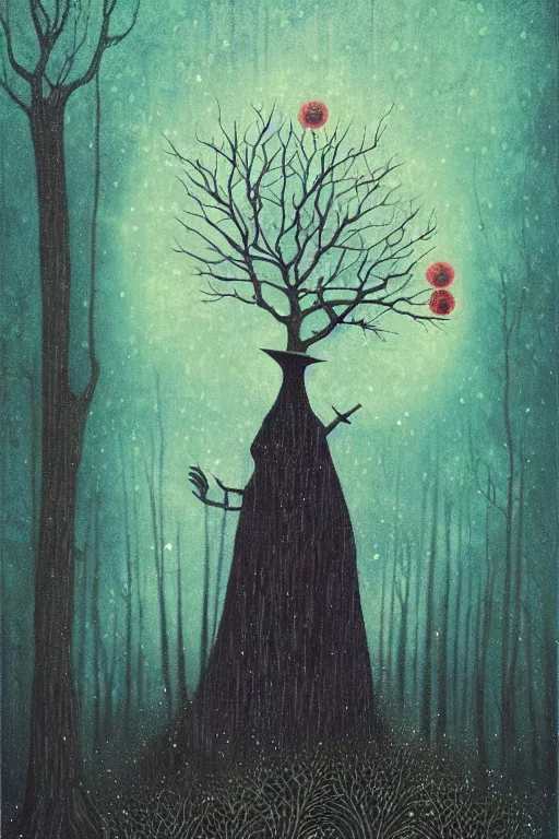 Image similar to tarot card, haunted woods, by andy kehoe