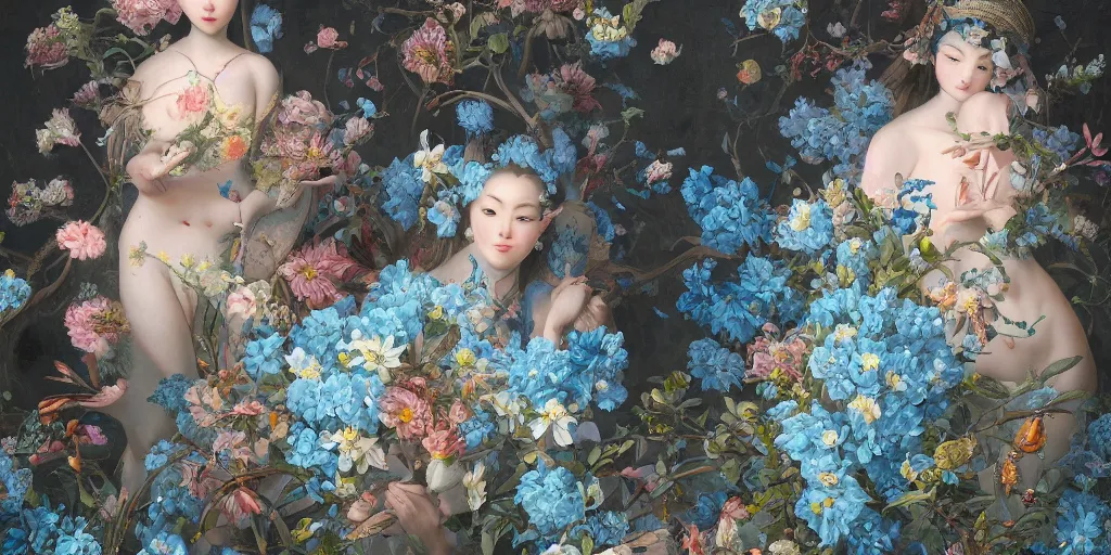 Image similar to breathtaking detailed concept art painting pattern of two goddess of light blue flowers with anxious piercing eyes and flowers and fruits and birds, by hsiao - ron cheng and beto val and john james audubon, bizarre compositions, exquisite detail, extremely moody lighting, 8 k