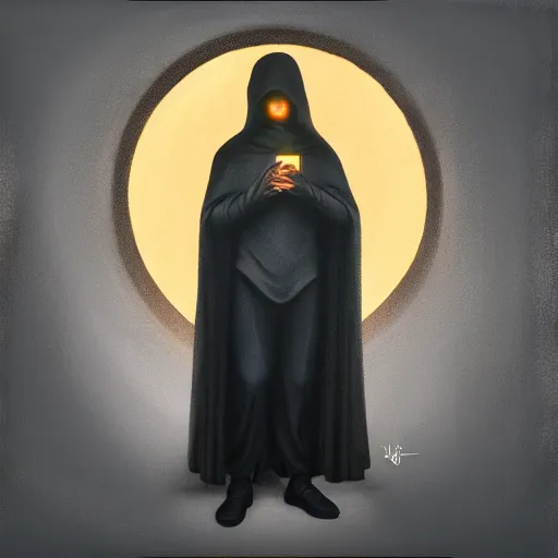 Prompt: a man wearing a long black cloak, shadowy hood covering face, holding a glowing orb, grandiose style, new age painting, by Michelangelo, trending on artstation