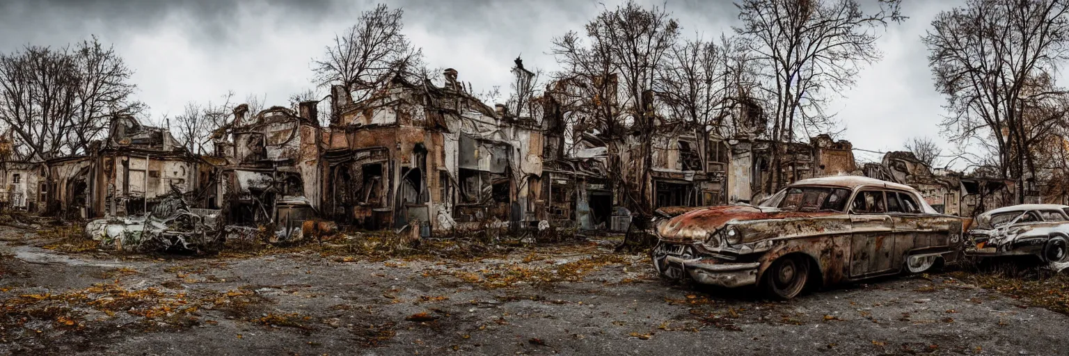 Prompt: low wide angle shot of dilapidated fallout 5 europa, retro futuristic overgrown euro rural town, decrepit shopping street, dilapidated european houses, few rusted retro futuristic vintage parked vehicles like cars, volumetric lighting, photorealistic, daytime, autumn, cold sunny weather, sharp focus, ultra detailed, 4 2 0 0 k