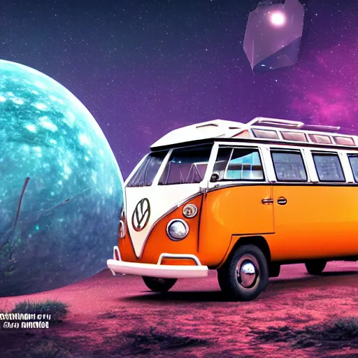 Prompt: bizarre interdimensional scene of a time-traveling VW microbus loaded with space hippies jaunting through a wormhole into the unknown. ultra-wide shot, detailed, trending on artstation, light effect, 8k, unreal engine 5, epic, masterpiece, highly detailed