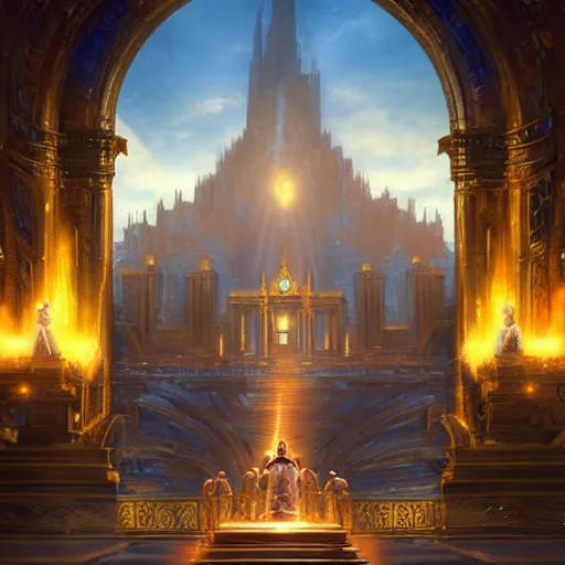 Image similar to a man staring a holy city in front of this golden gates, epic setting, symmetric face, hyperrealism, epic fantasy digital art, fantasy style art, by Greg Rutkowski, fantasy magic the gathering card art style