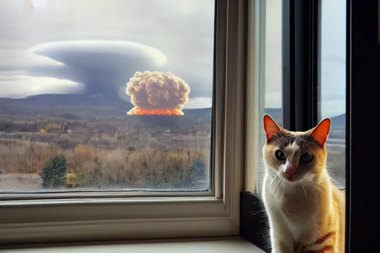 Image similar to cat sitting on the windowsill wrapped in a plaid plaid, Mushroom cloud far behind