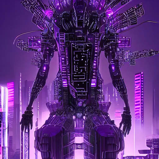 Image similar to Giant Purple Amethyst in cyberpunk neon Tokyo in style of Tsutomu Nihei. Cyberpunk, vertical symmetry, 8K, Highly Detailed, Intricate.