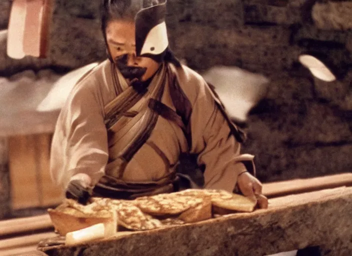 Prompt: a movie still of a samurai slicing through a loaf of bread, a movie by Akira Kurosawa