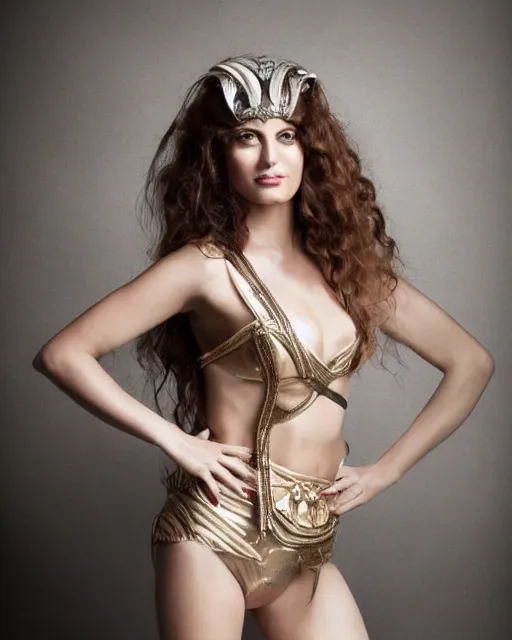 Image similar to photograph of The beautiful actress Tonia Sotiropoulou dressed as the greek Fate Clotho, studio lighting