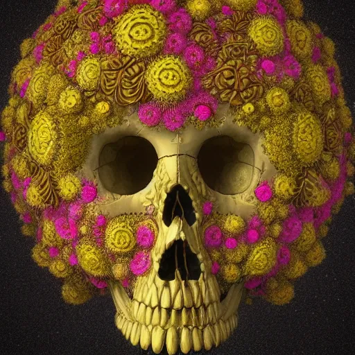 Image similar to fractal golden skull face with an afro made of flowers, third eye art art by machina infinitum, infinite intricacy, rendered in octane, mandelbulb 3 d, ambient occlusion, macro photography, black opal