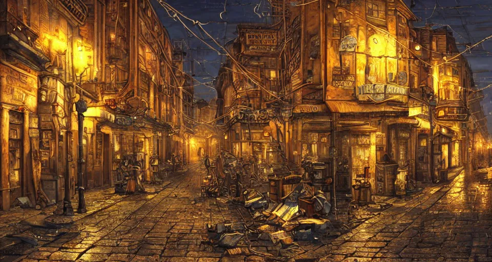 Image similar to steampunk city streets at night by guido borelli da caluso, junk everywhere, wires hanging, steam, trending on artstation, no yellow