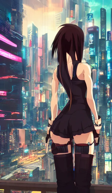 Image similar to anime fine details portrait of Tifa Lockhart in front of cyberpunk moder city landscape on the background deep bokeh, close-up view, anime masterpiece by Studio Ghibli. 8k, sharp high quality anime, artstation