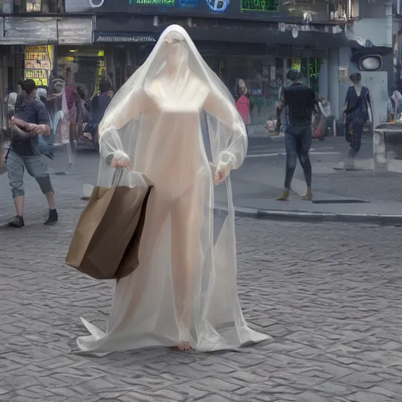 Prompt: woman in a translucent clothing made from plastic bag with paper bags for clothes standing inside paper bags with paper bag over the head on a busy street, 4k, trending on artstation, octane render, art by artgerm and greg rutkowski and alphonse mucha and craig mullins and James Jean and Andrei Riabovitchev and Marc Simonetti and peter mohrbacher