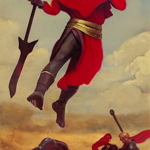 Prompt: “Spartans in battle uniform jumping on trampoline red robe and cape swinging spear swords shield Greece Hercules in the style of Edward hooper”