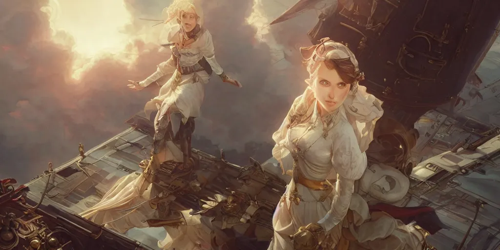 Image similar to character portrait girl of the white herald on an imperial airship, hidari, color page, tankoban, 4 k, tone mapping, sunset, akihiko yoshida & peter mohrbacher & greg rutkowski & artgerm & alphonse mucha