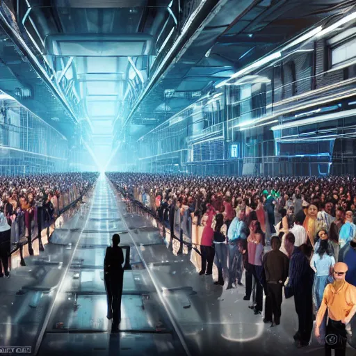 Image similar to large group people in a huge warehouse, gathered around a hologram of futuristic city on a table | cinematic concept art | godrays | 4 k | clear details